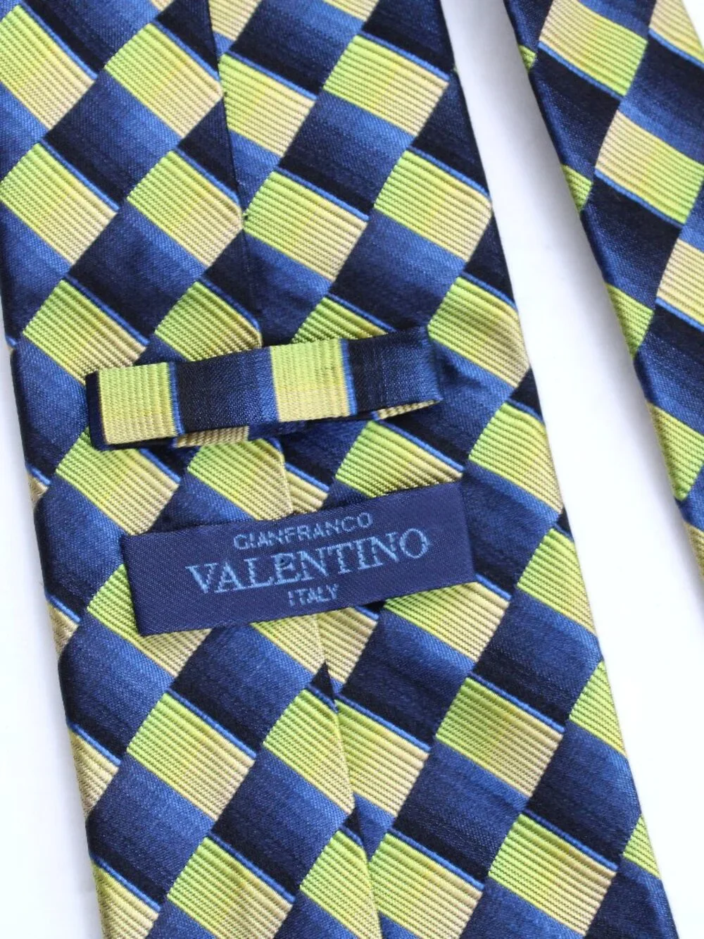 Gianfranco Valentino VTG 90s Silk Checkered Metallic Mens Neck-Tie Blue Yellow